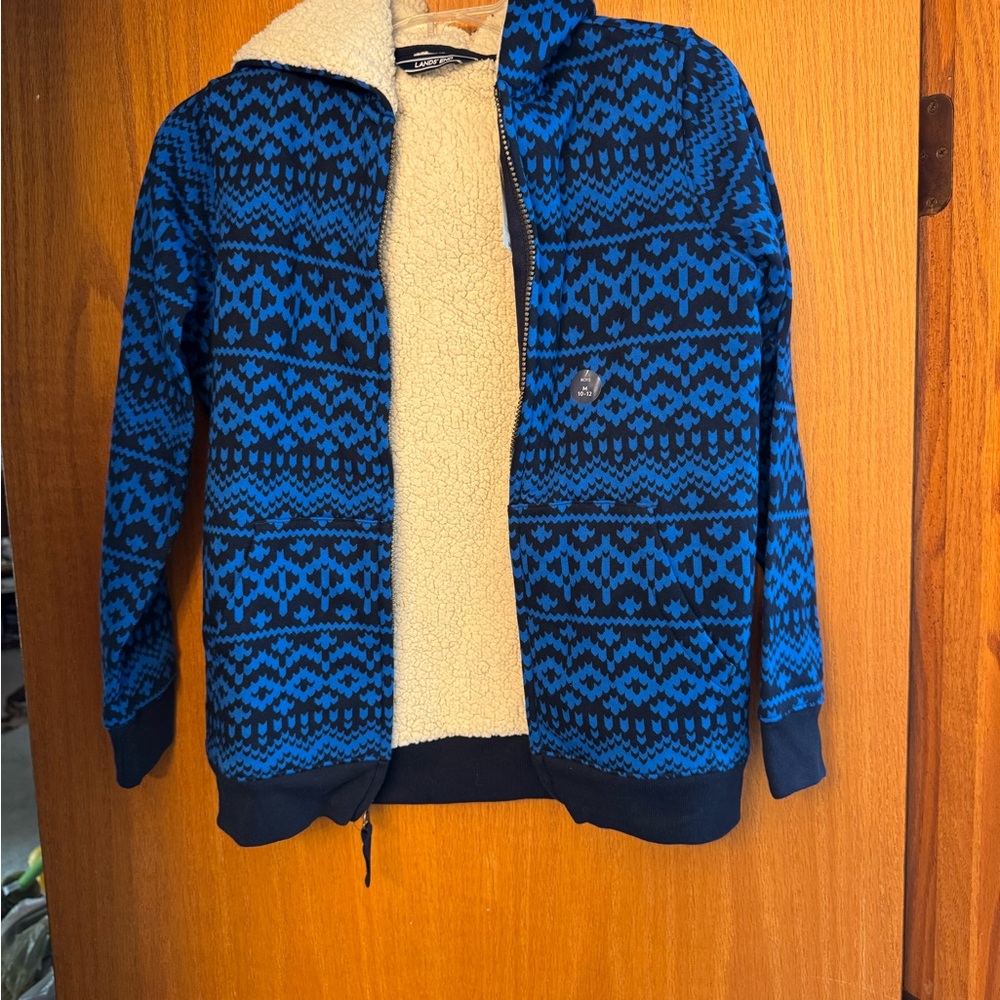 Lands' End Blue and Black Patterned Fleece Hooded Jacket